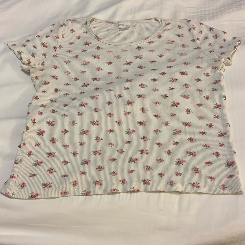 Cherokee Cream Floral Crop T-Shirt Ladies Small